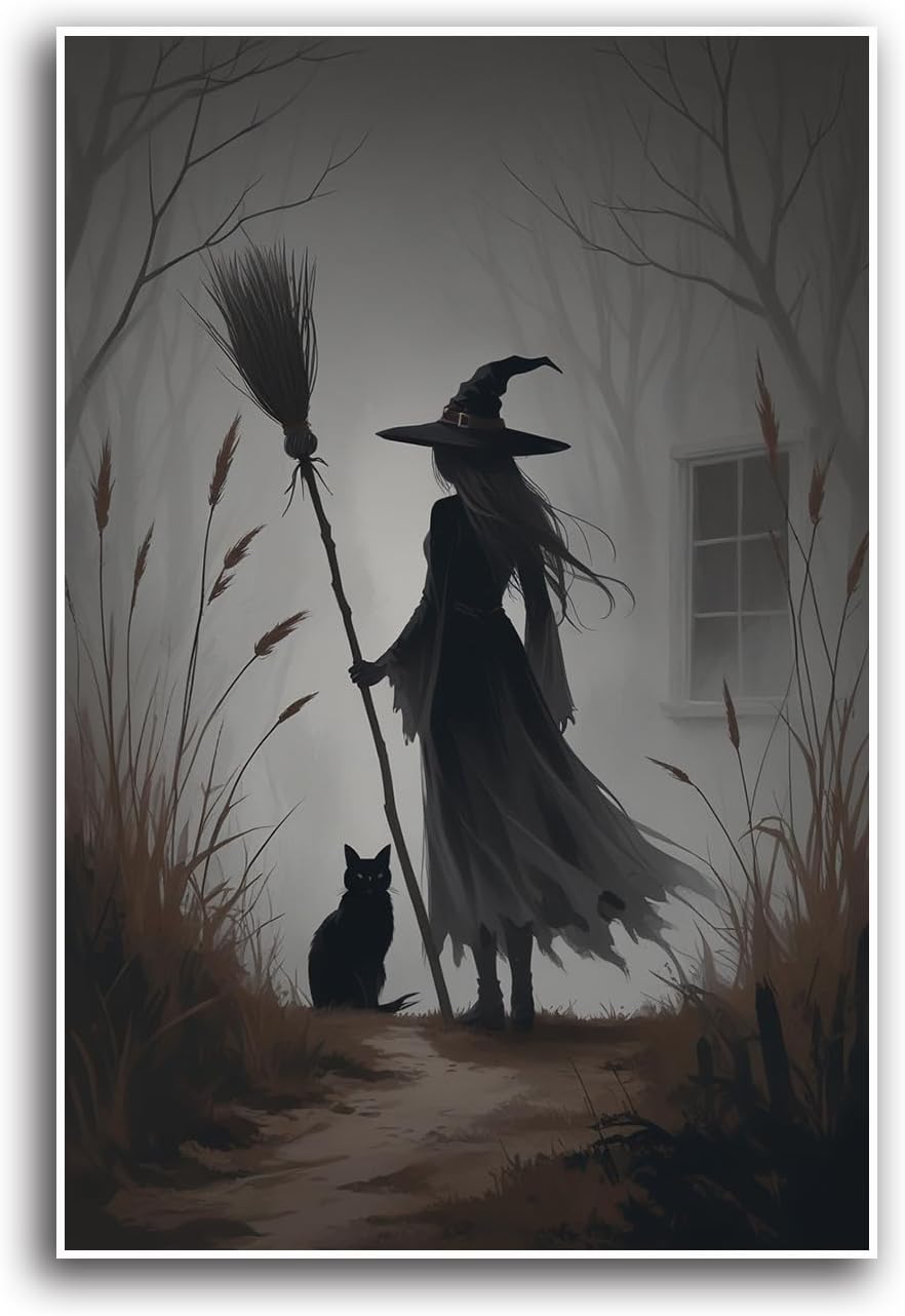 JFHCQJPK Vintage forest witch and black cat poster Halloween mural poster decoration mural art magic suitable for home living room bedroom32x48in Frameless