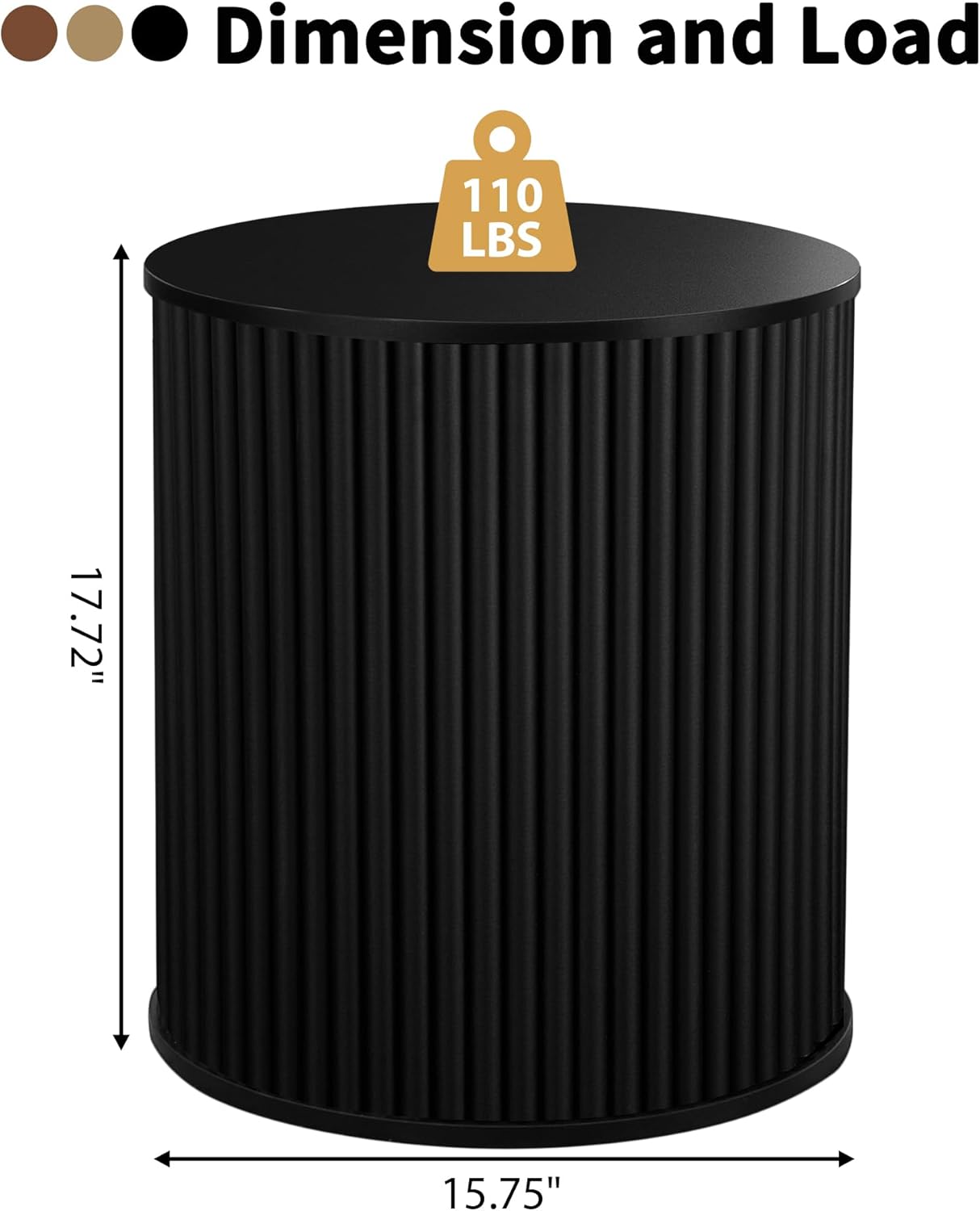 AVZEAR Fluted Round Side Table with Storage, Small Mid Century End Table Fluted Nightstands, Modern Circle Bedside Tables Wood Night Stand for Small Spaces, Living Room, Bedroom (Black)