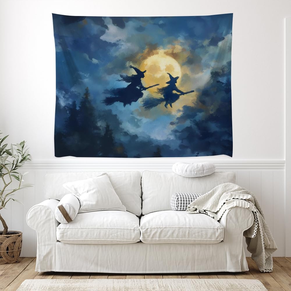 Spooky Halloween Witch Tapestry Wall Hanging Dark Fantasy Night Sky Aesthetic Print Flying Witches Under Full Moon Tapestries Horror Ghost Halloween Party Decor for Living Room Bedroom 70x90inch