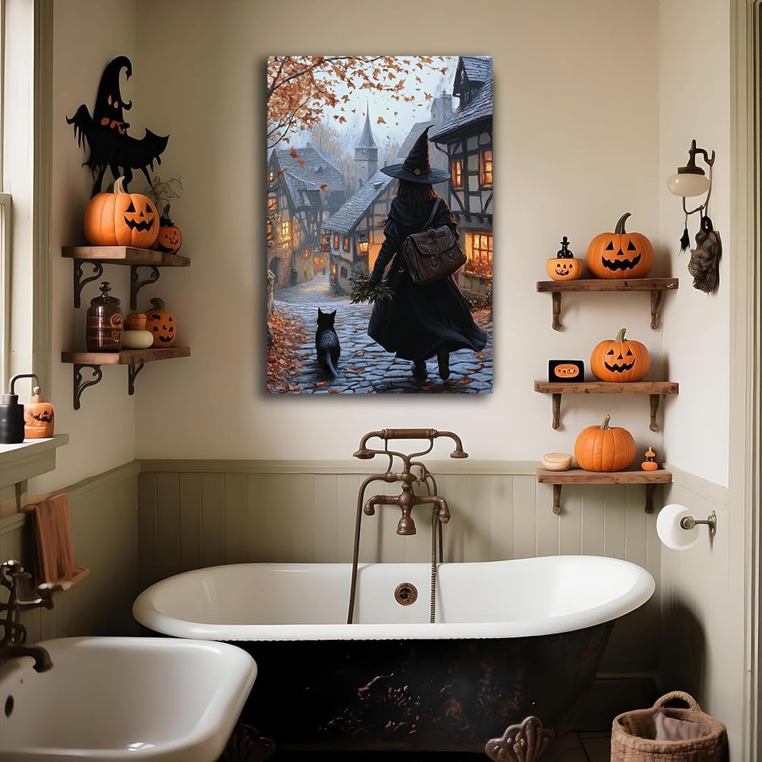 Autumn Witch And Black Cat Picture Wall Decor,Halloween Canvas Vintage Rustic Wall Art,Preppy Bedroom Living Room Bathroom Poster Print,24"x36" Unframed