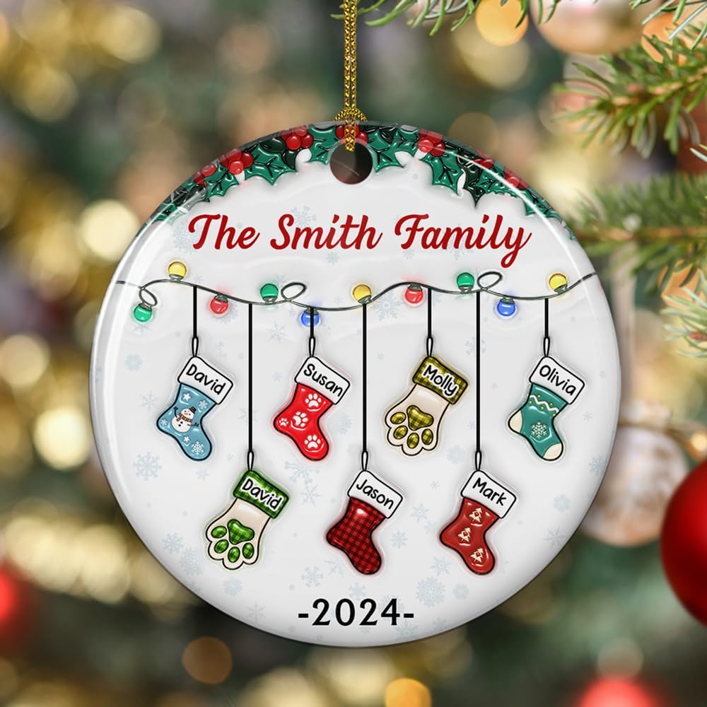 Stocking Personalized Family Christmas Ceramic Ornament 2025-3D Inflated Effect Custom Name Hanging Stock up to 10 Members, First Xmas as A Family Ornament Gifts (A04, 9 Names)