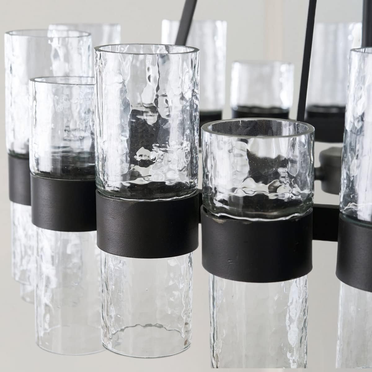 Round Black Glass Wagon Wheel Chandelier, Chandelier with Water Ripple Textured Recycled Clear Glass Piece, Modern Industrial Pendant Light with Metal Frame, Lighting Fixture for Living Room, Foyer