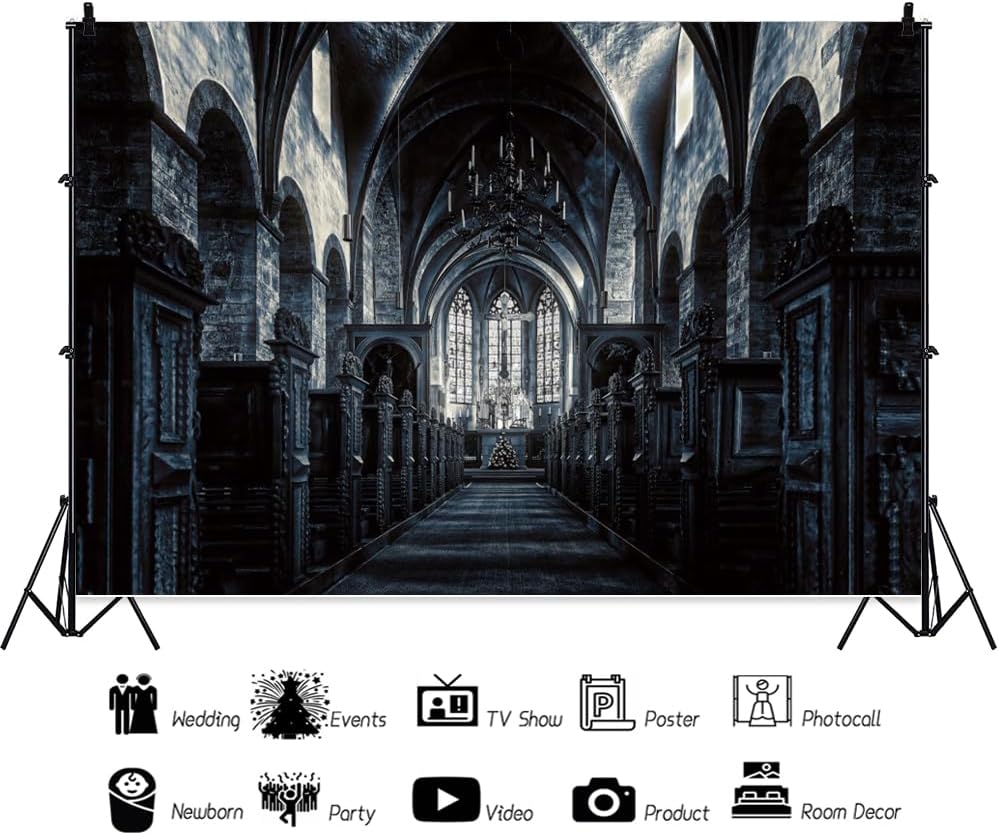 ChloropLastid 10x8ft Scary Church Halloween Backdrop Dark Black Horror Gothic Medieval Castle Interior Photography Background Halloween Night Carnival Theme Party Decor Banner Photo Studio Props