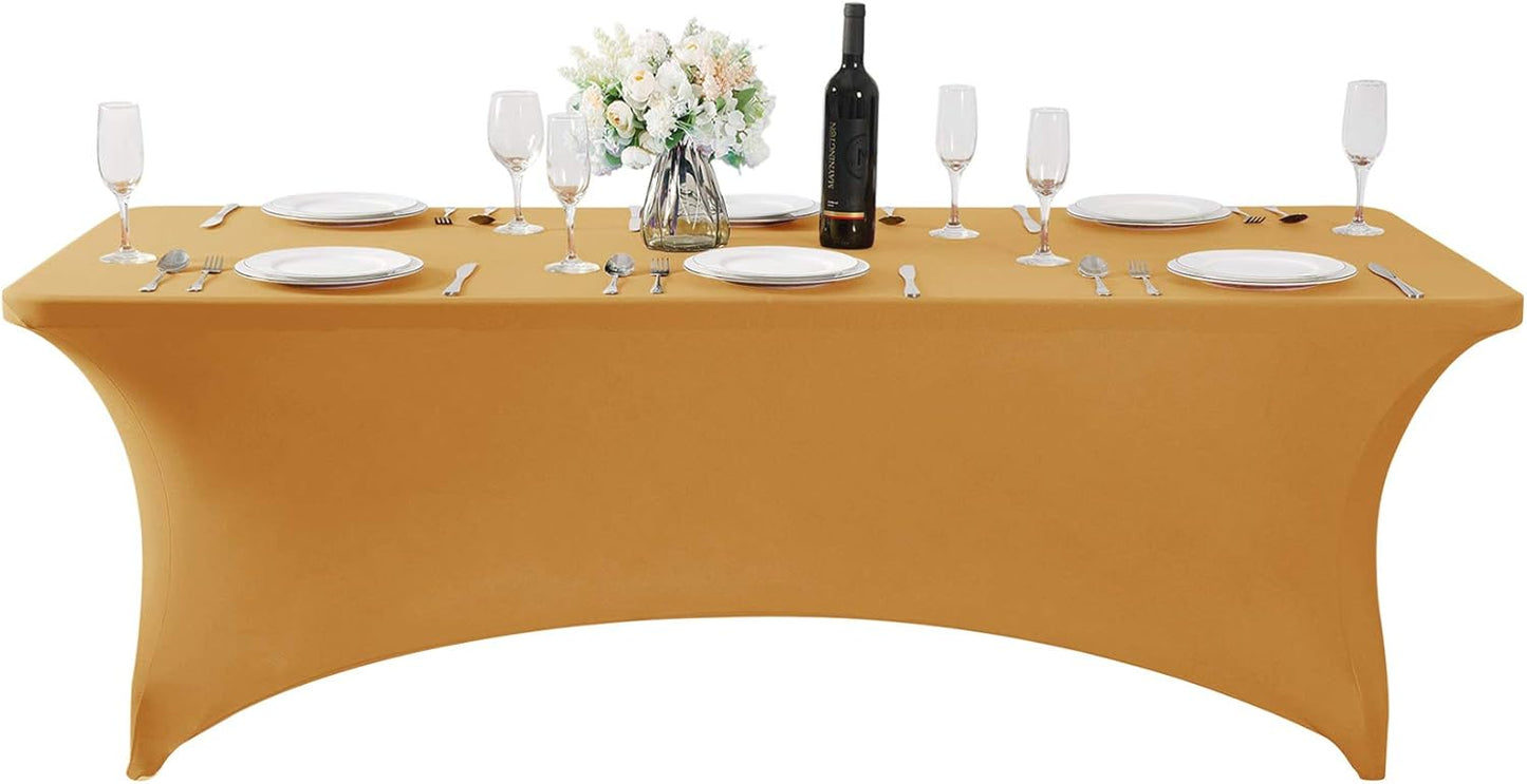 SuperO Waterproof Spandex Table Cover for 8FT Table Universal Fitted Stretch Tablecloth for Party, Banquet, Wedding and Events-Gold
