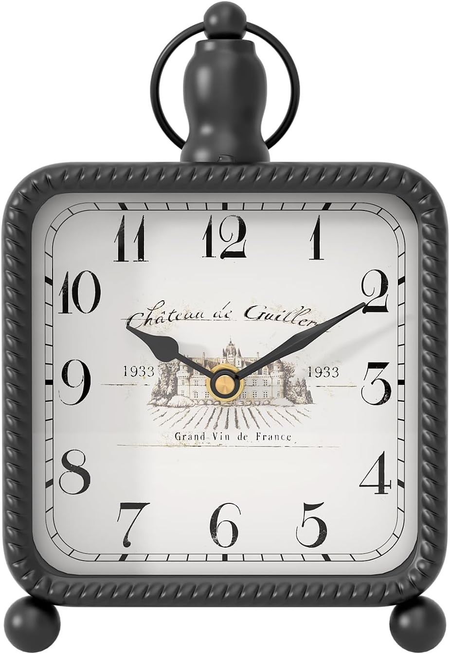 Vintage Black Table Clock on Stand, Desk and Shelf Decor Clock, French Rustic Style Non-Ticking Mantel Clocks for Farmhouse, Living Room, Bedroom, Bedside, Gift (8.5" H x 5.5" W)