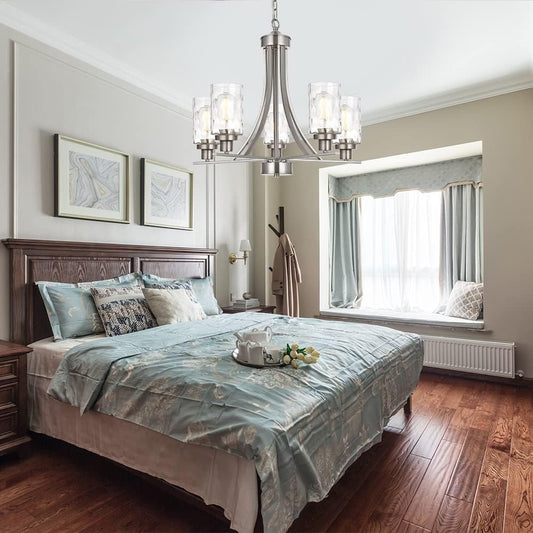 BONLICHT 5 Light Modern Chandeliers Brushed Nickel Kitchen Island Dining Room Lighting Fixtures Ceiling Hanging Clear Hammered Glass Pendant Lamp Transitional Pendant Lights for Living Room Foyer