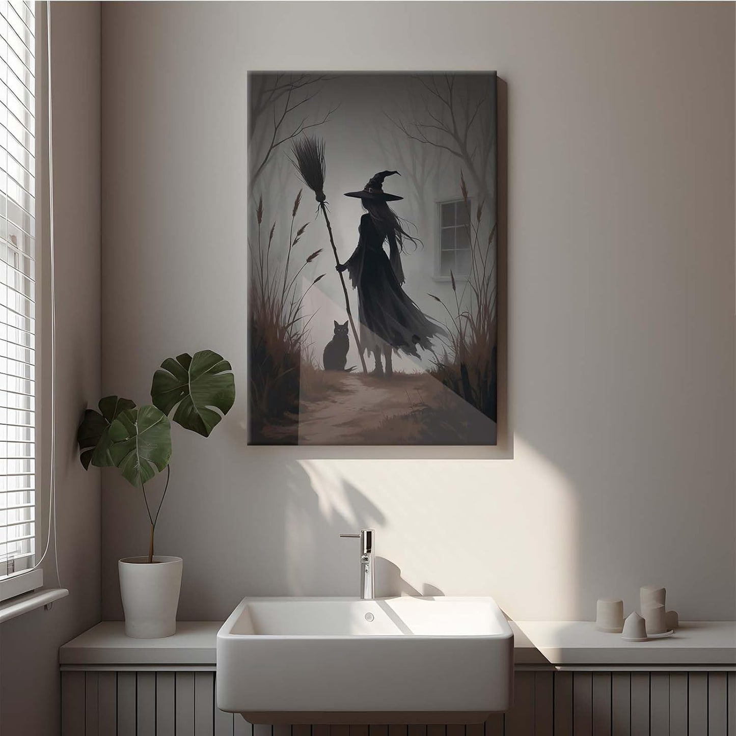 JFHCQJPK Vintage forest witch and black cat poster Halloween mural poster decoration mural art magic suitable for home living room bedroom16x24in Frameless