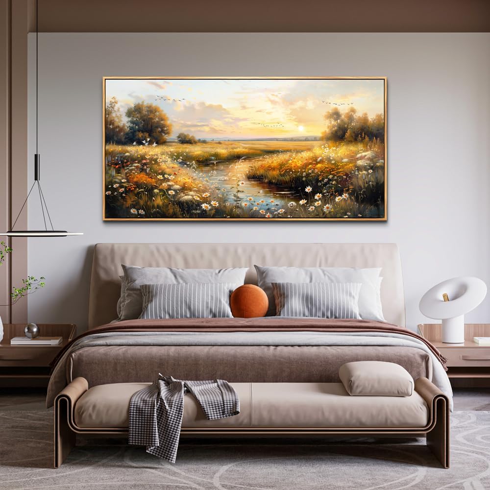KELIYUAN Large Canvas Wall Art For Living Room Wall Decor For Bedroom Pastoral Landscape Painting Farmhouse Painting Office Restaurant Wall Pictures Artwork Ready To Hang Wood Framed 24"X48"