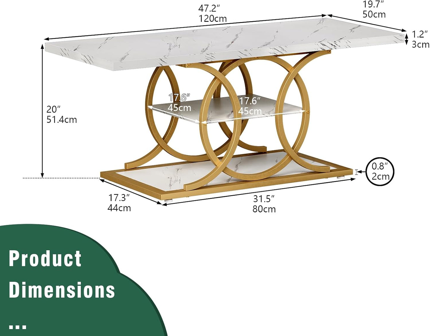 GiftGo Rustic Coffee Table with Storage Modern 3 Tier Center Living Room Table Faux Marble Wooden Rectangle Cocktail Tea Table for Office Bedroom Elegant Full Moon Design (White Gold, L-47)