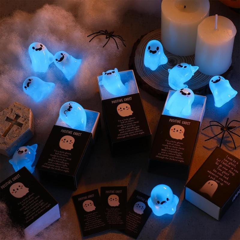32 Sets Halloween Mini Ghost Figures with Box, Glow in The Dark Mini Resin Ghosts, Luminous Ghost Miniature Resin Figurines for Halloween Party Favors (1PCS F)
