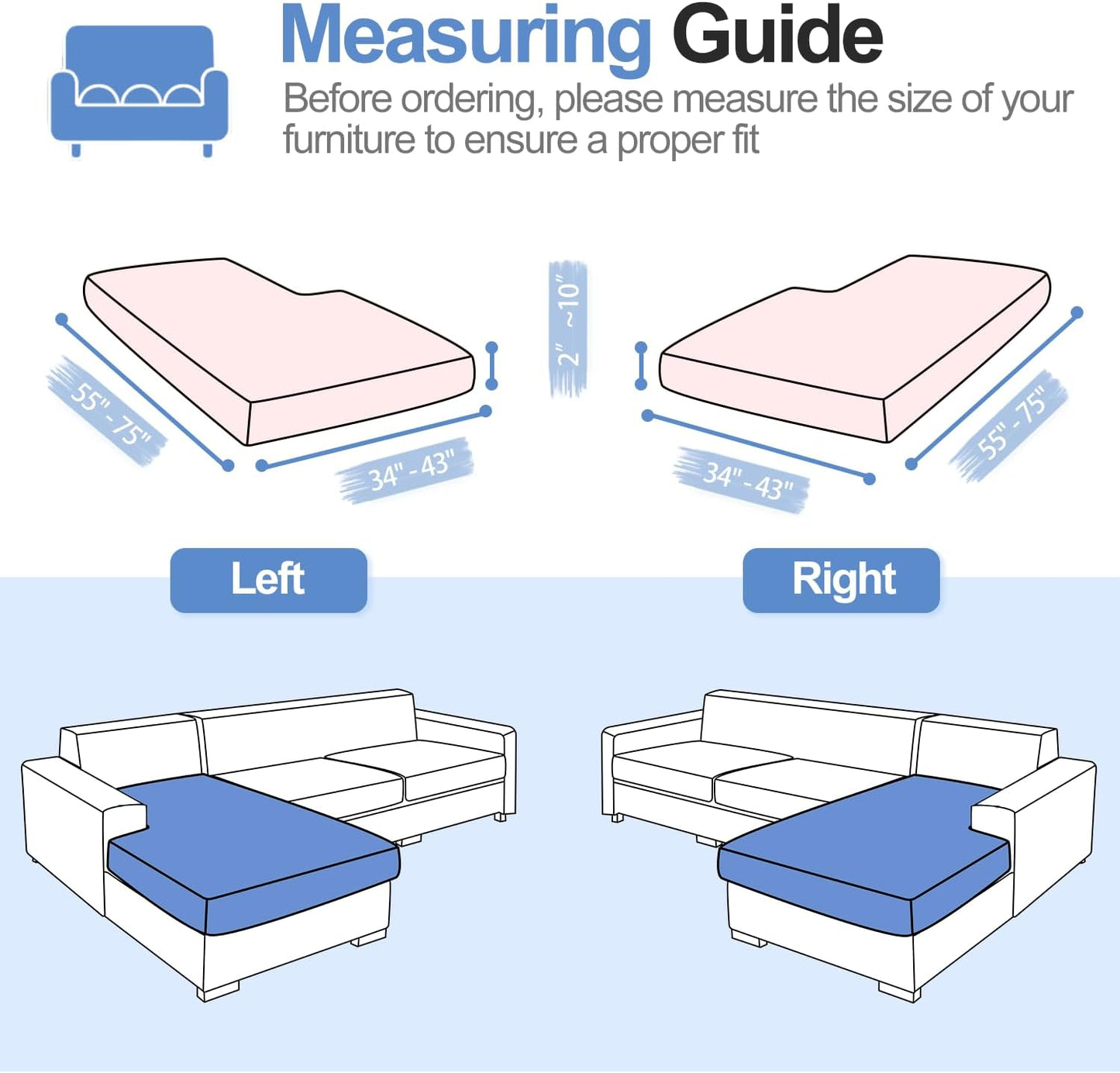 Sectional Couch Covers for L Shaped Sectional Sofa (Left or Right Facing) – Softer Chenille Sofa Covers Washable, Non-Slip Stretch Chaise Slipcover (Only 1PC Chaise Cushion Cover, Pale Pink)