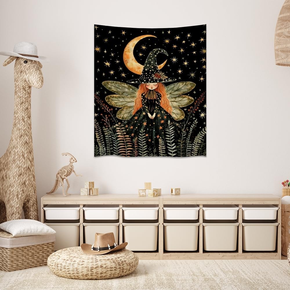 Dark Academia Witch Fairy Tapestry Wall Hanging Magical Moon Starry Night Art Print Halloween Witchy Artwork Aesthetic Wall Tapestries for Girls Bedroom Living Room Dorm Decoration 40x60inch