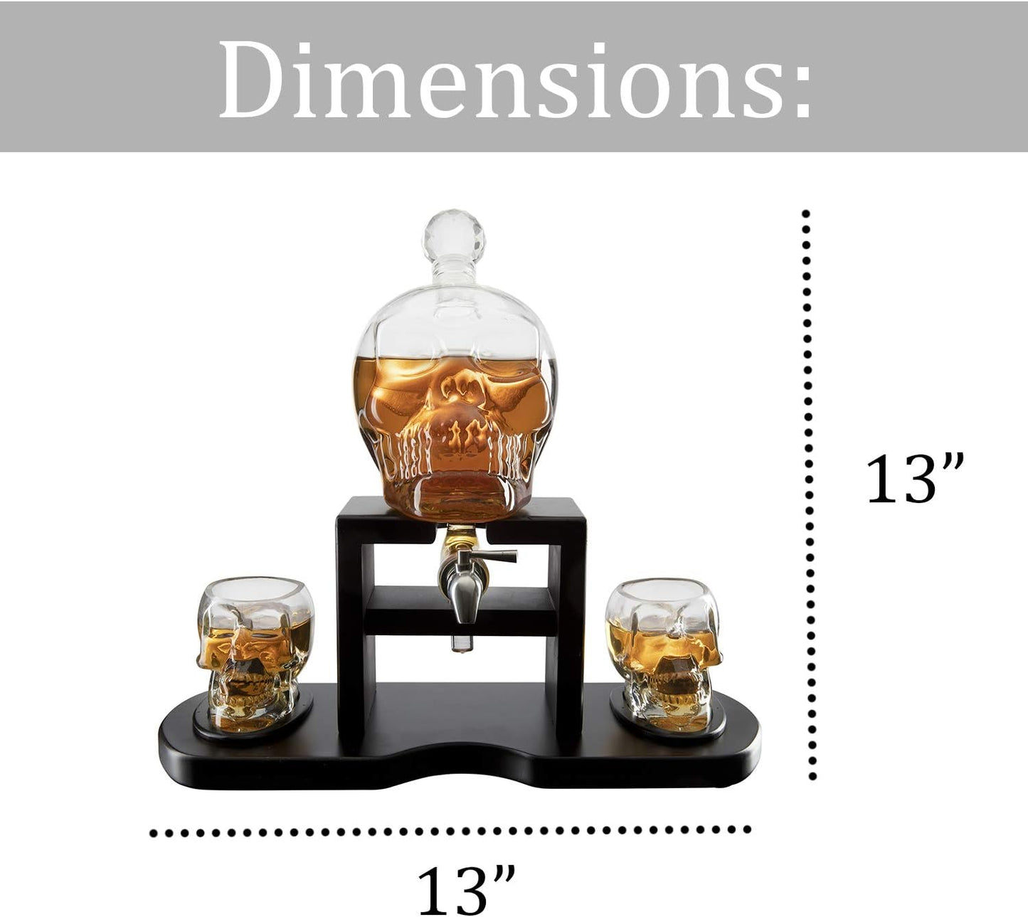 Skull Skeleton Wine & Whiskey Decanter Set 750mL with 2 Skull Shot Glasses 3oz | Gothic Skeleton Barware on Mahogany Wooden Base with Spigot | Spooky Halloween Decor Drinkware & Unique Goth Gift Idea