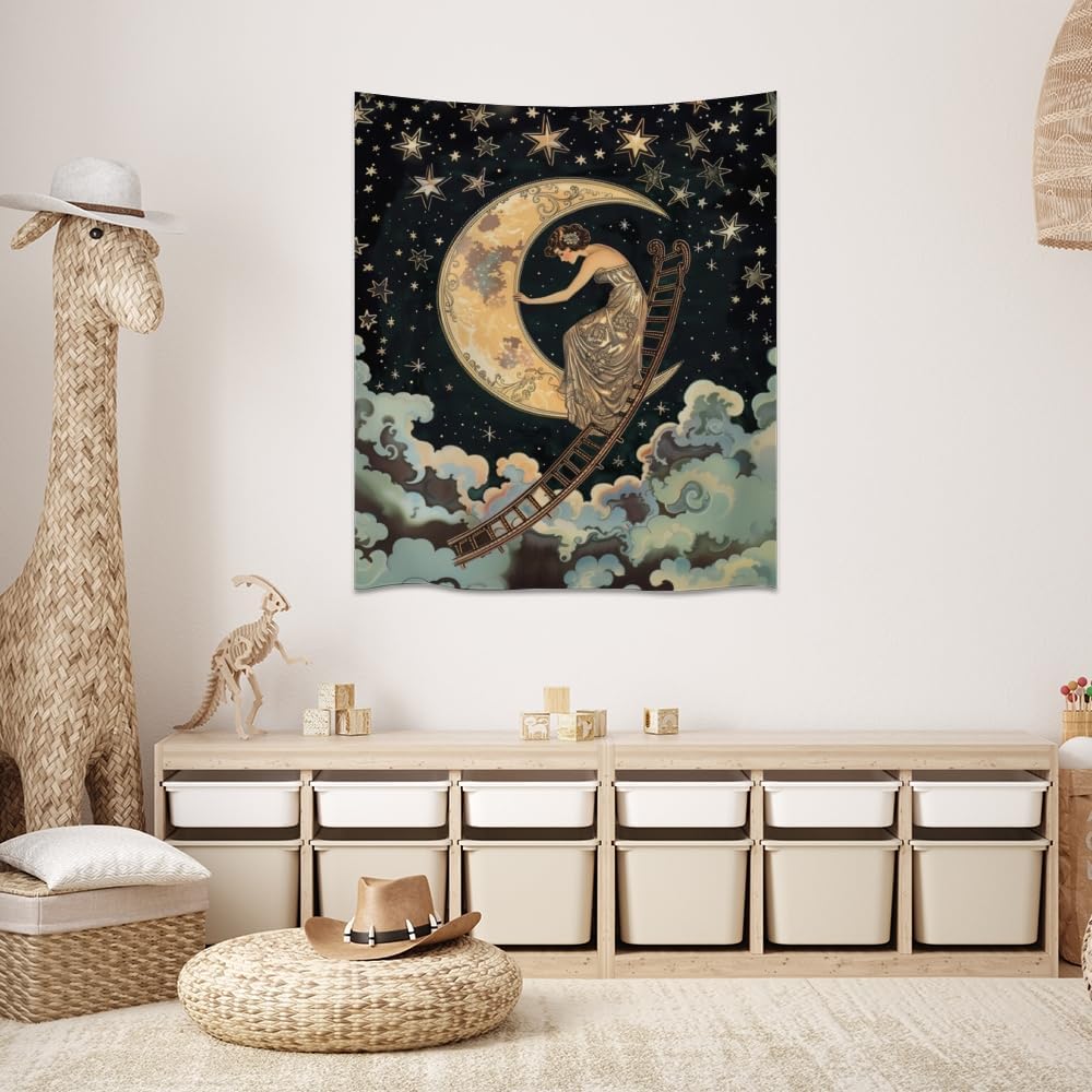 Dark Academia Gothic Aesthetic Tapestry ladder to The Moon and Stars Wall Hanging Print Trendy Vintage Art Nouveau Tapestries Decor for Home Bedroom Living Room 50x60inch