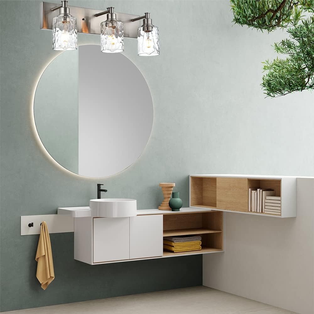 BONLICHT Bathroom Vanity Light Fixtures 3 Lights Modern Wall Sconce Brushed Nickel with Metal Base and Hammered Glass Shade, Industrial Farmhouse Bath Wall Lights for Hallway Kitchen Bedroom