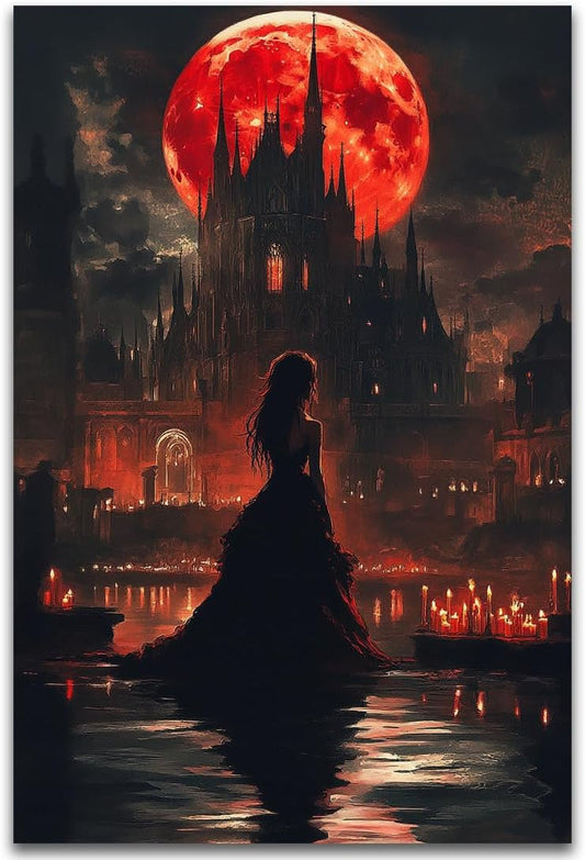 Halloween Witch Poster Canvas Prints Art Vintage Decor,Red Castle Blood Moon and Witch Scene Gothic Painting,Rustic Dark Academia Wall Art for Bathroom Spooky Living Room Wall Decor,20"x30" Unframed