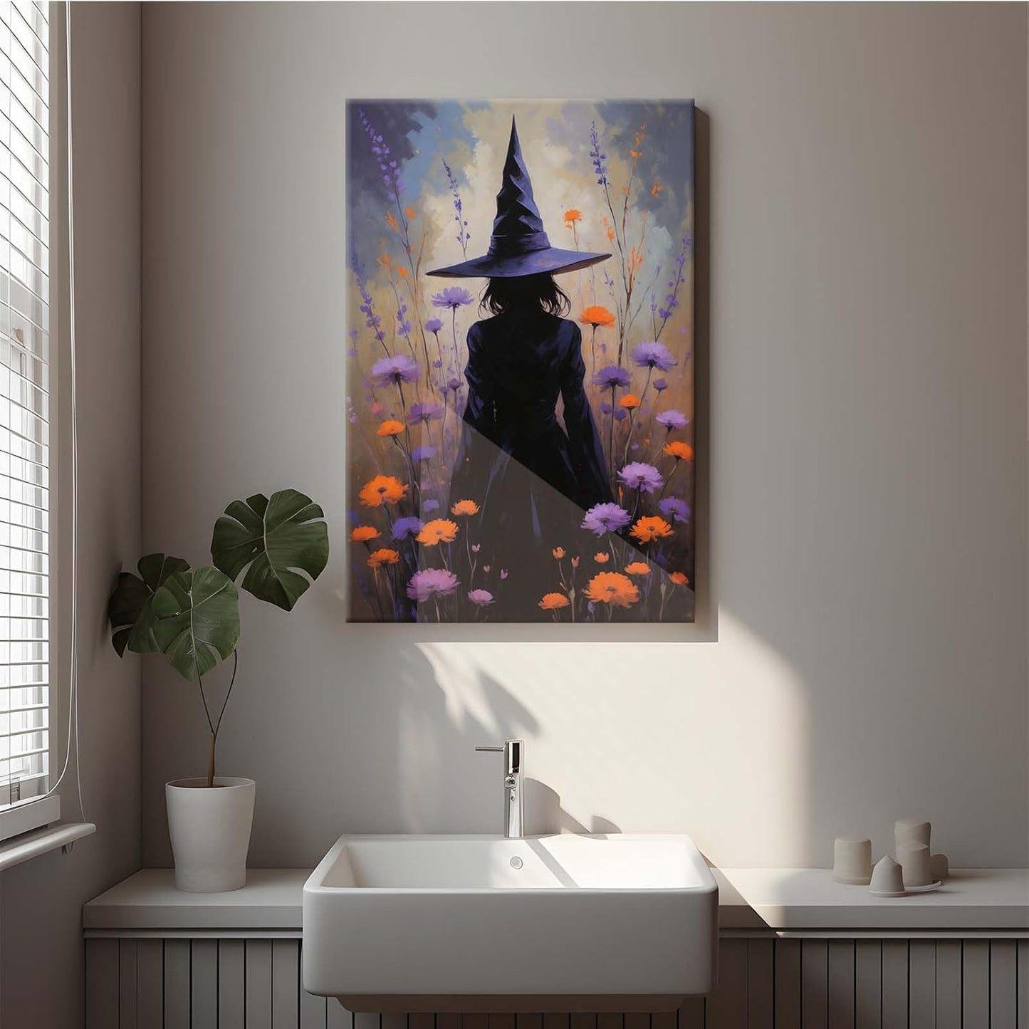 JFHCQJPK Country wildflower witch canvas print halloween mashup art witch purple decoration bohemian elegant art poster32x48in Frameless