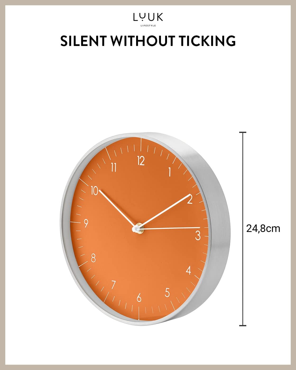 LUUK LIFESTYLE Silent Quartz Wall Clock, Modern and Minimalist Design, Without Ticking, 10” Kitchen Clock, for Living Room, Bedroom, Housewarming Gift, Orange and Silver