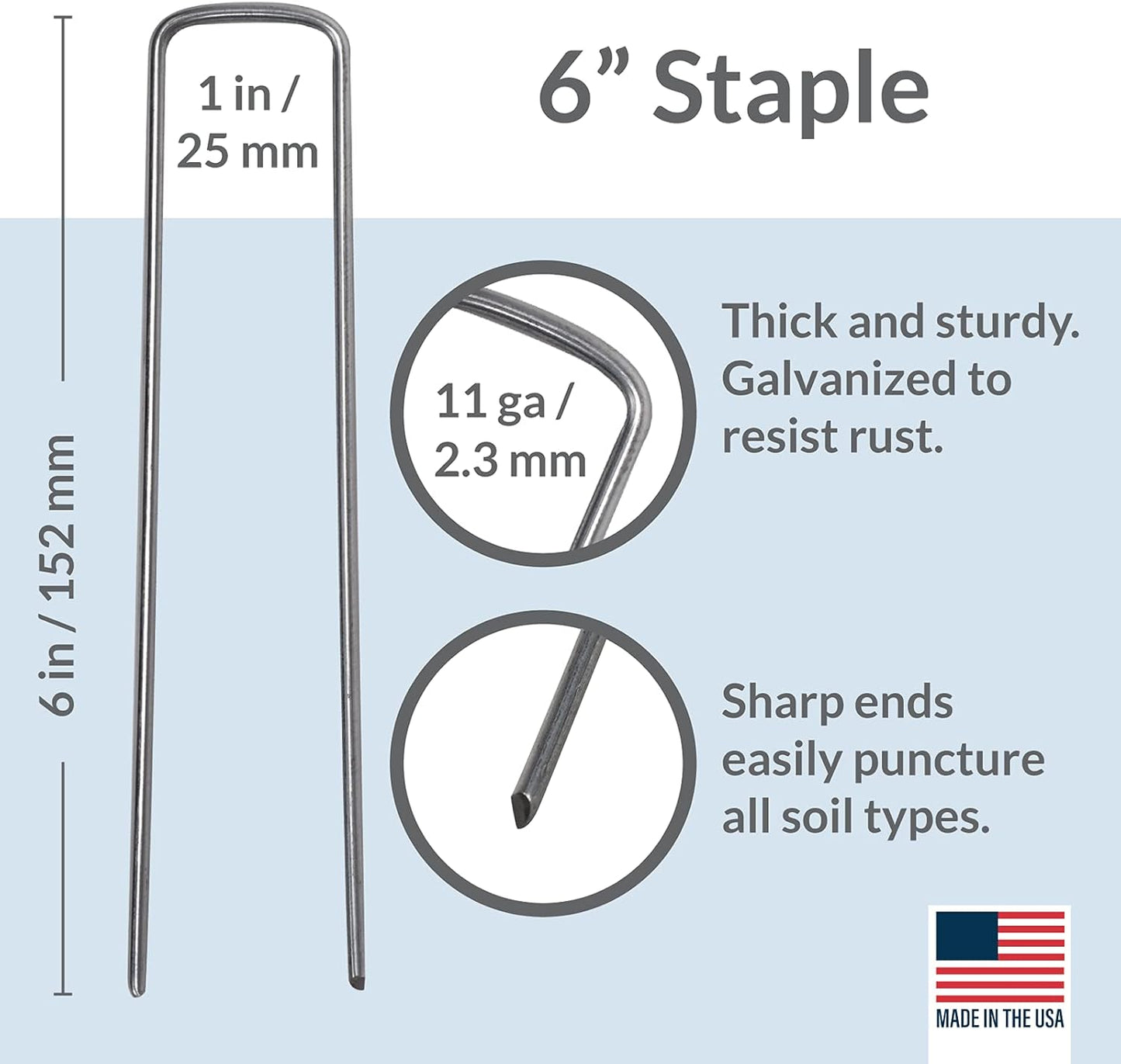Pinnacle Mercantile USA Made 450 Pack Garden Landscape Staples Weed Barrier Fabric Stakes Galvanized 6 inch Pins Anti Rust Sod Staple 11 Gauge Steel