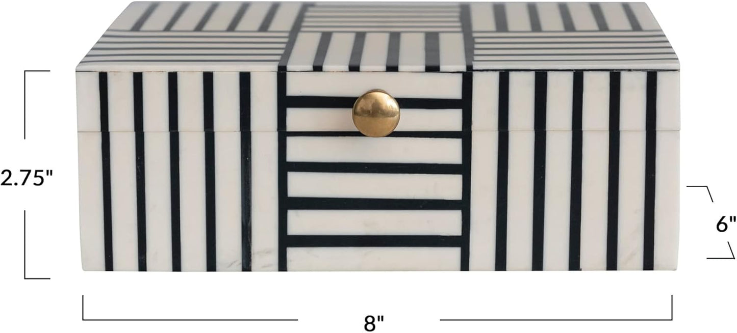 Modern Resin Box with Striped Block Pattern and Gold Clasp, Black and White