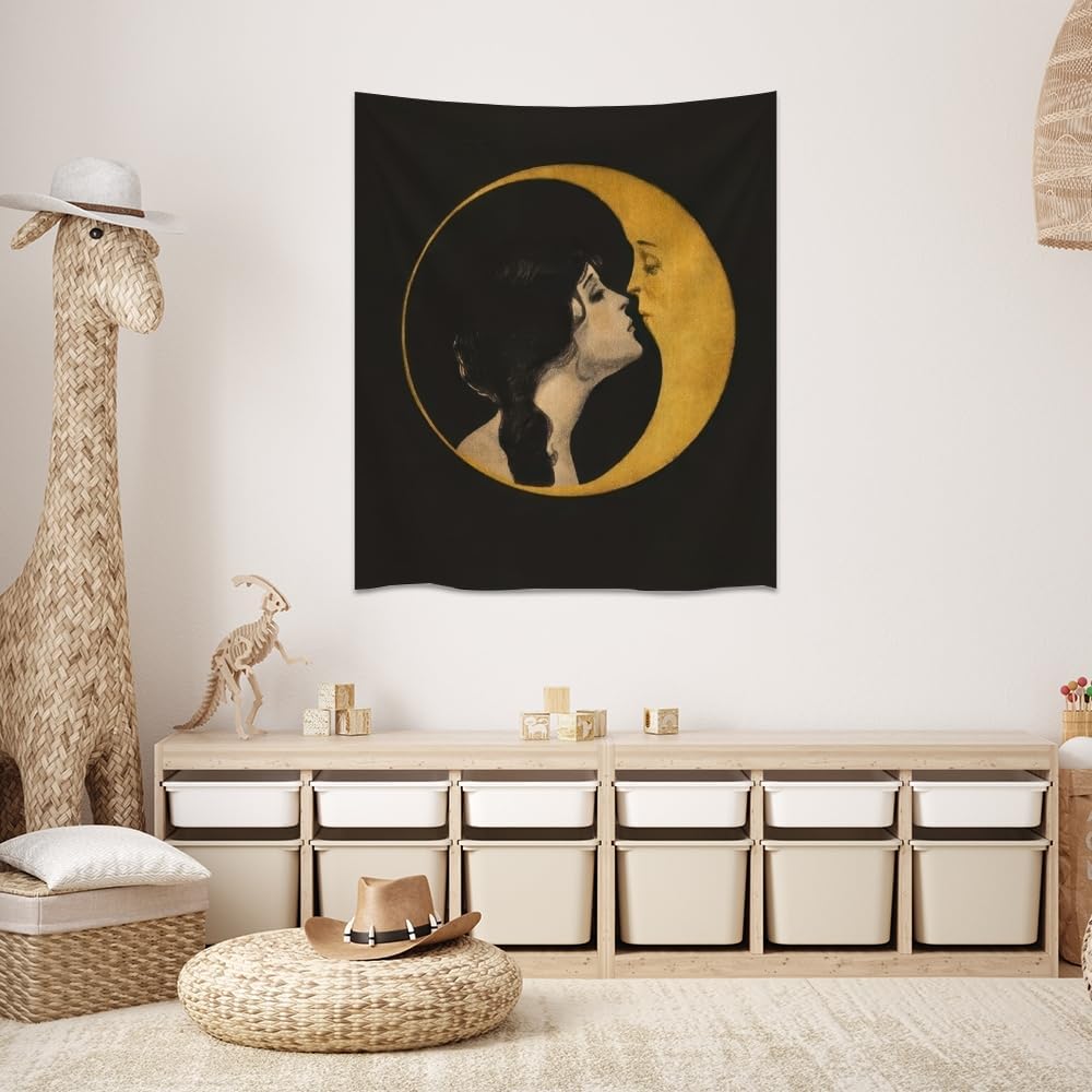 Dark Academia Woman Kissing Moon Art Tapestry Gothic Aesthetic Wall Hanging Witchy Picture Print Moon Goddess Tapestries Wall Decor for Living Room Bedroom Dorm 40x60inch