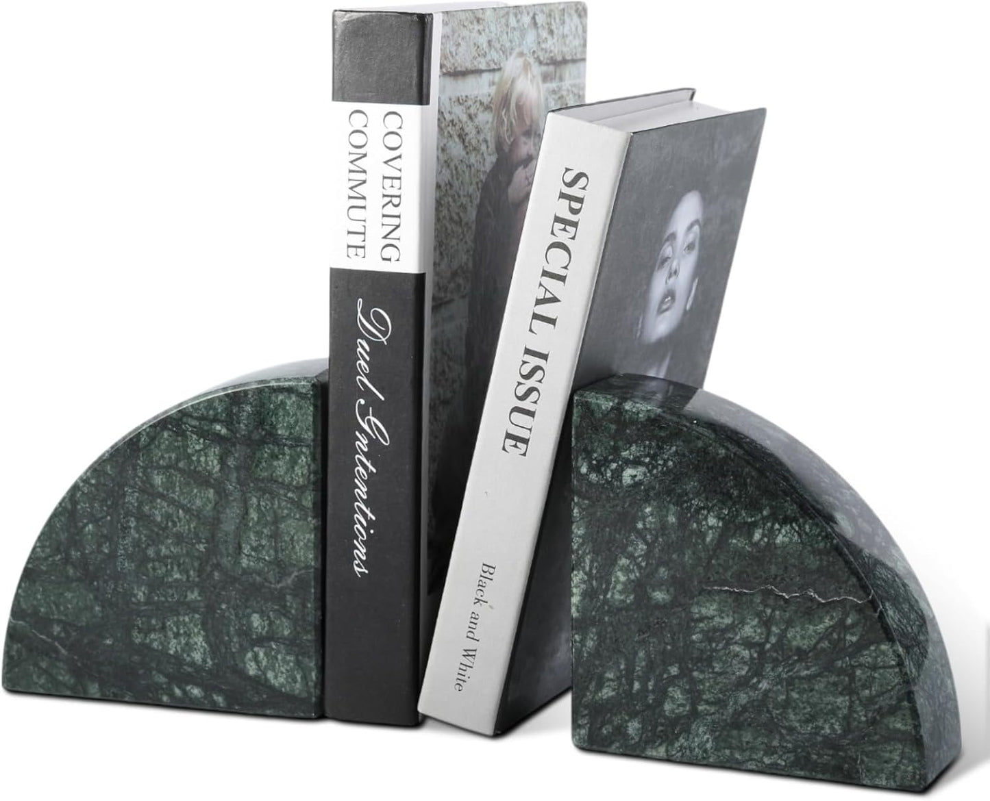 Marble Bookend for Shelves, Non-Skid Bookends for Heavy Books, Heavy Duty Book Stopper for CDs, Luxury Book Shelf Holder, Quarter Circle Design Book Ends Decorative, Indian Green, Set of 2
