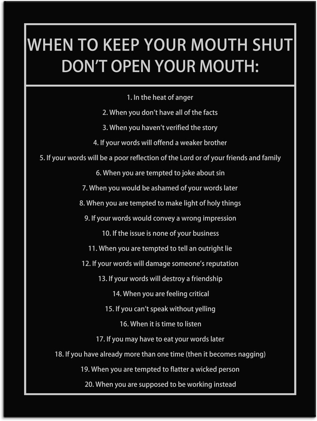 When to Keep Your Mouth Shut Don't Open Your Mouth Inspirational Canvas Wall Art Motivational Poster Life Learning Quote Picture Home Office Decor Painting Framed and Stretched[30''W x 40''H]
