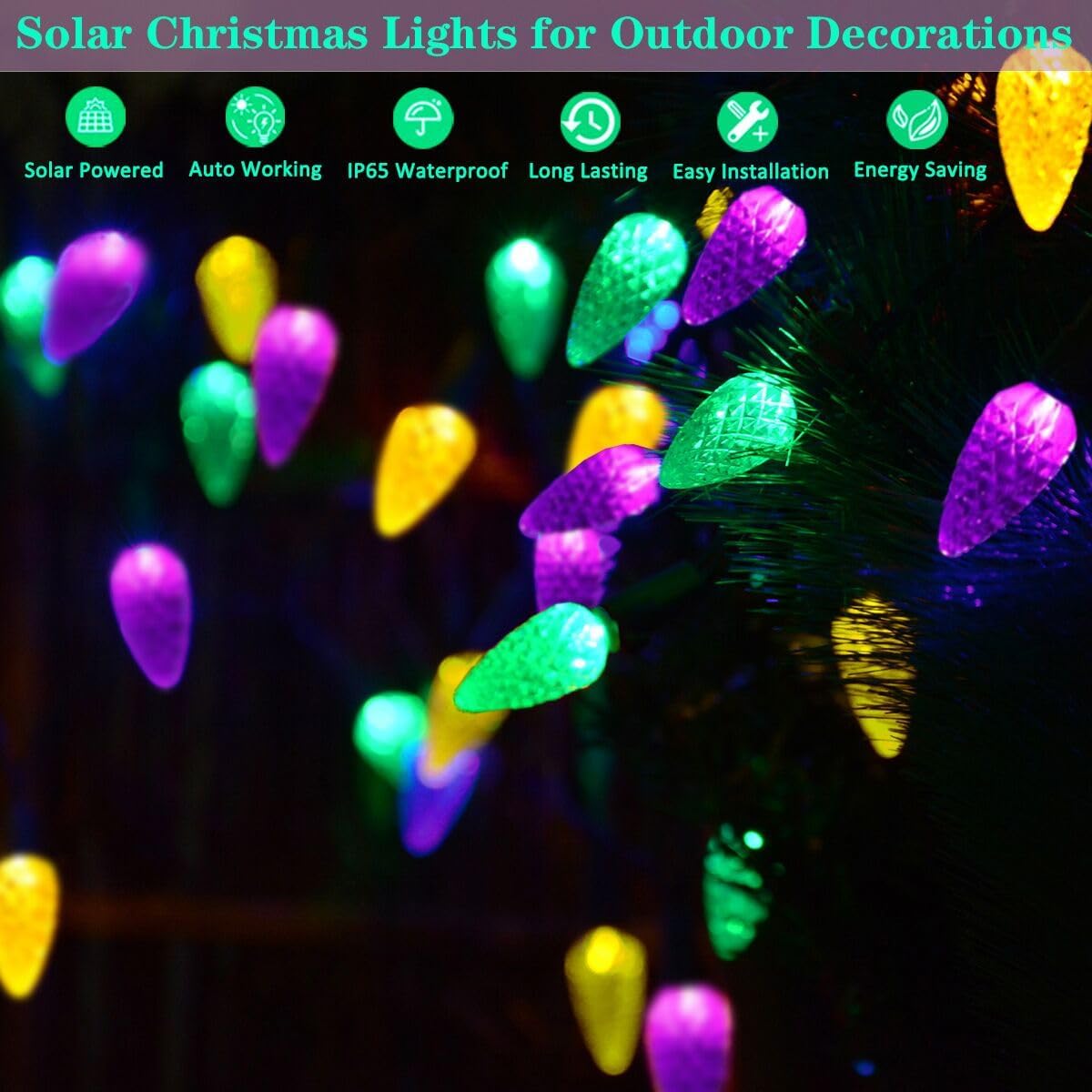 Solar Halloween Lights Christmas Lights C6 Strawberry String Lights Mardi Gras String Lights, 100 LED 8 Modes Waterproof Outdoor Use for Mardi Gras Christmas Tree Camping Balcony Halloween Party Decor