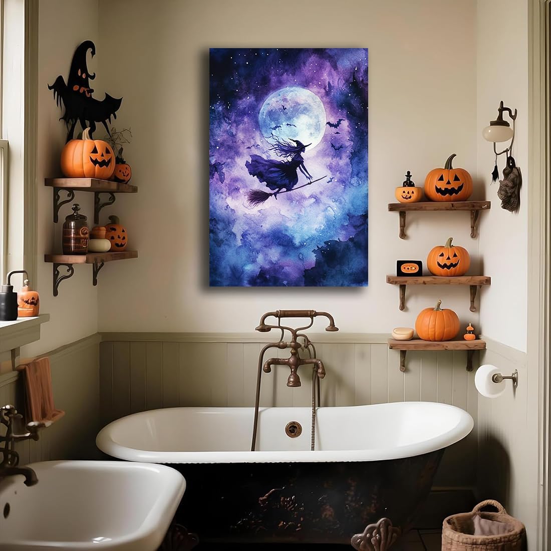 Witch On Broom Flying Wall Art,Gothic Halloween Canvas Wall Art,Victorian Witch Silhouette In Moonlight Broomstick Poster Pictures,Creepy Halloween Purple Night Sky Print,16"x24" Unframed