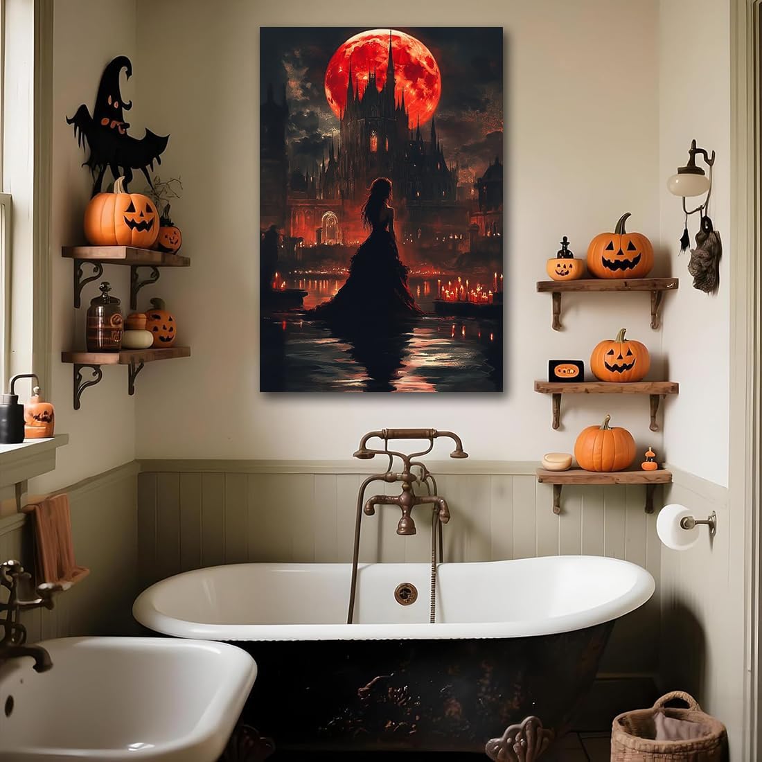Halloween Witch Poster Canvas Prints Art Vintage Decor,Red Castle Blood Moon and Witch Scene Gothic Painting,Rustic Dark Academia Wall Art for Bathroom Spooky Living Room Wall Decor,12"x18" Framed