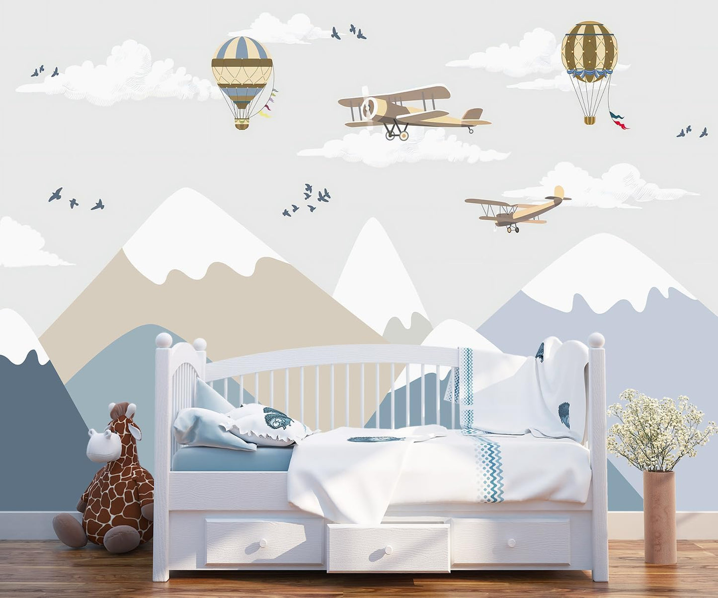 -Children's Room Cartoon Balloon Mountain Fabric Wallpaper Nursery Mural 100" x 65" (Not Peel and Stick)