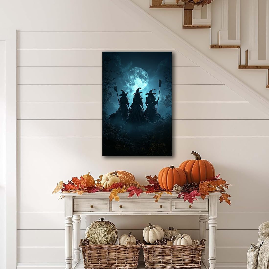 Moonlight Witches Halloween Canvas Art Picture,Three Witches on Broom in Forest Painting Print Gothic Decor,Halloween Witch Poster Witchy Room Aesthetic Bedroom Home Decorations,8"x12" Framed