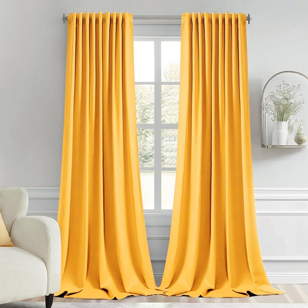 MIULEE Yellow Back Tab Blackout Curtain 96 Inch Long 2 Panels Set for Bedroom, Rod Pocket/Pinch Pleat Thermal Insulated Living Room Darkening Pleated Light Blocking Floor to Ceiling Drape