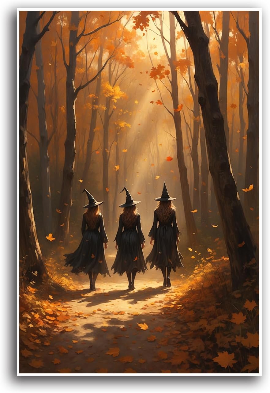 JFHCQJPK Three witches walking in the forest in autumn canvas painting gothic poster halloween print country witch wall art for home decoration16x24in Frameless