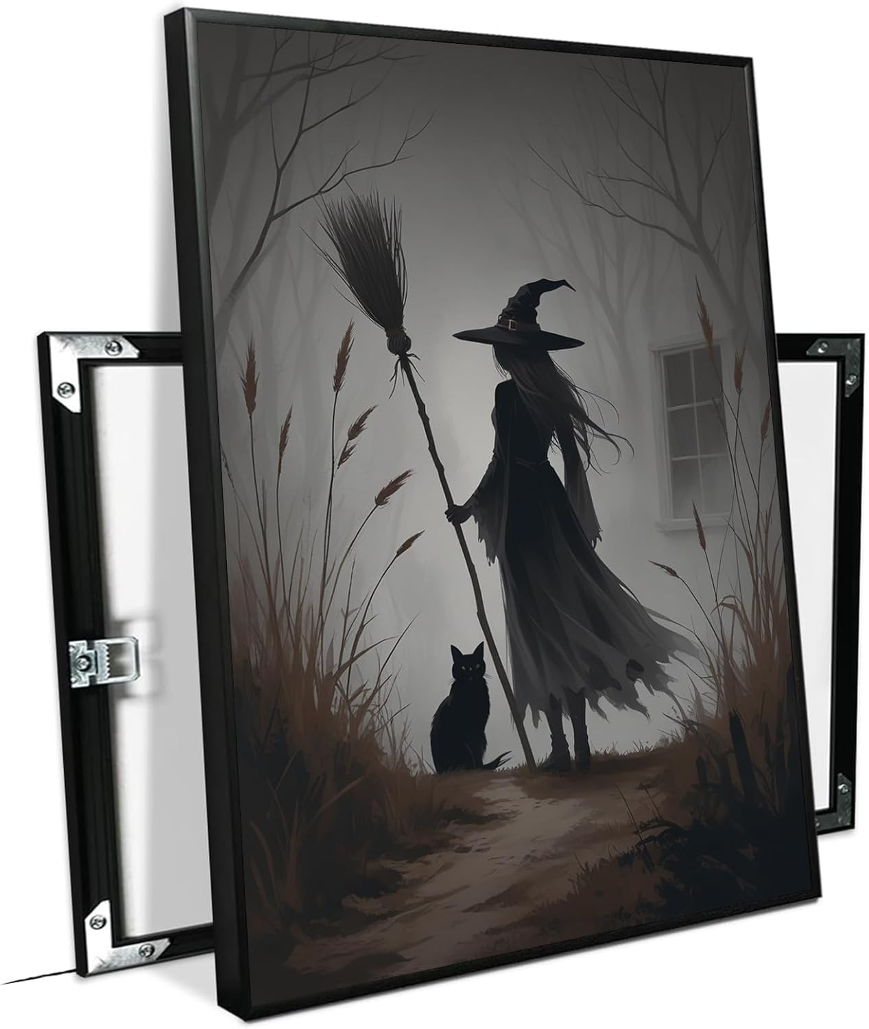 JFHCQJPK Vintage forest witch and black cat poster Halloween mural poster decoration mural art magic suitable for home living room bedroom16x24in Metal blackFramed