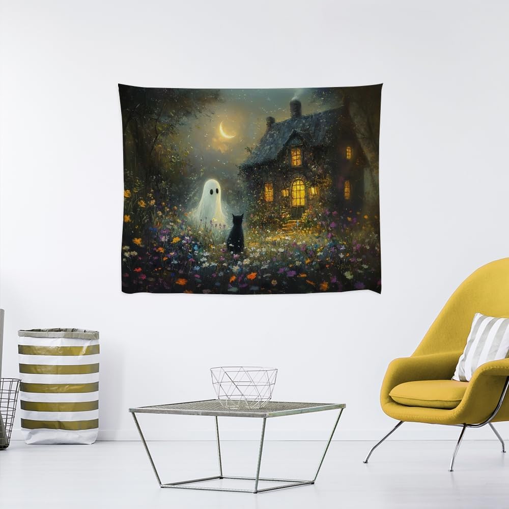 Halloween Black Cat and Ghost Tapestry Wall Hanging for Spooky Cute Bedroom Decor Dark Academia Moon Wildflower Cottage Tapestries Aesthetic for Home Living Room Decoration 40x60inch