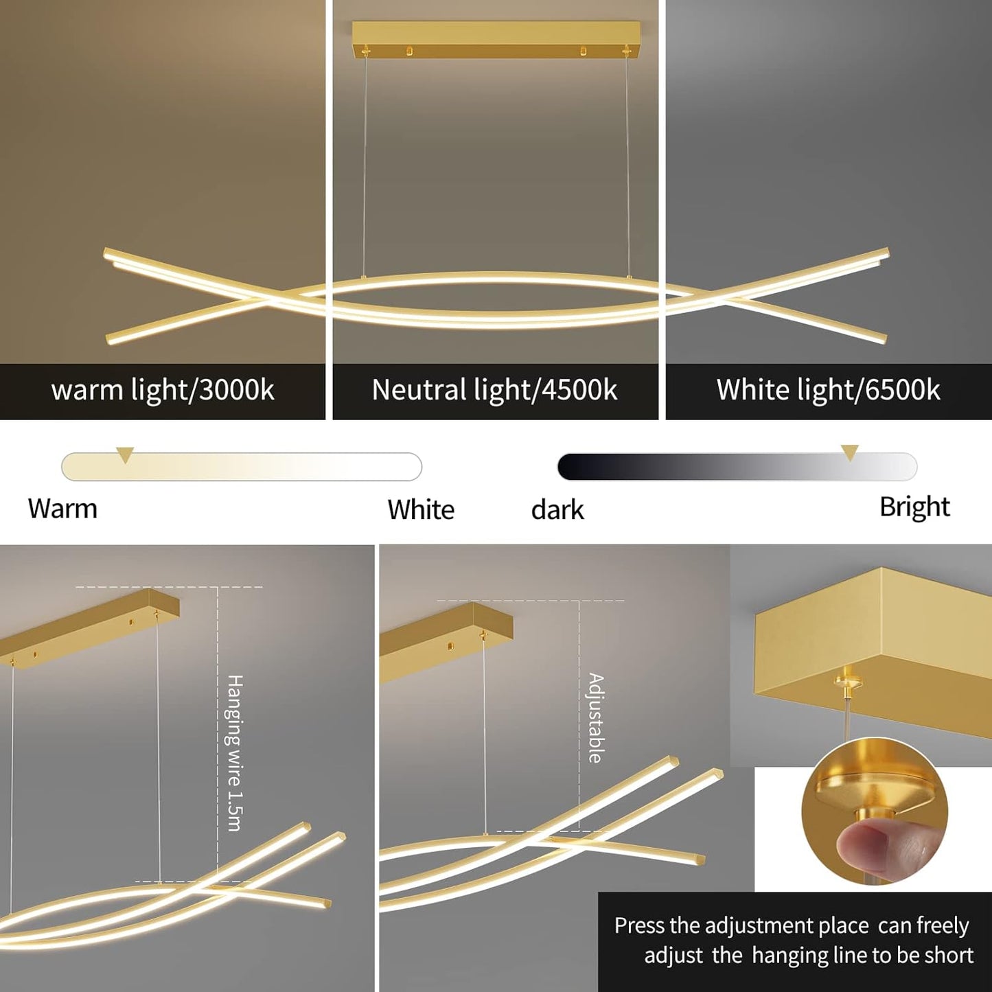 Modern Chandelier, Linear Pendant Light LED Dimmable Hanging Light Fixture, 3000K-6000K with Remote Control (Gold, 47IN)