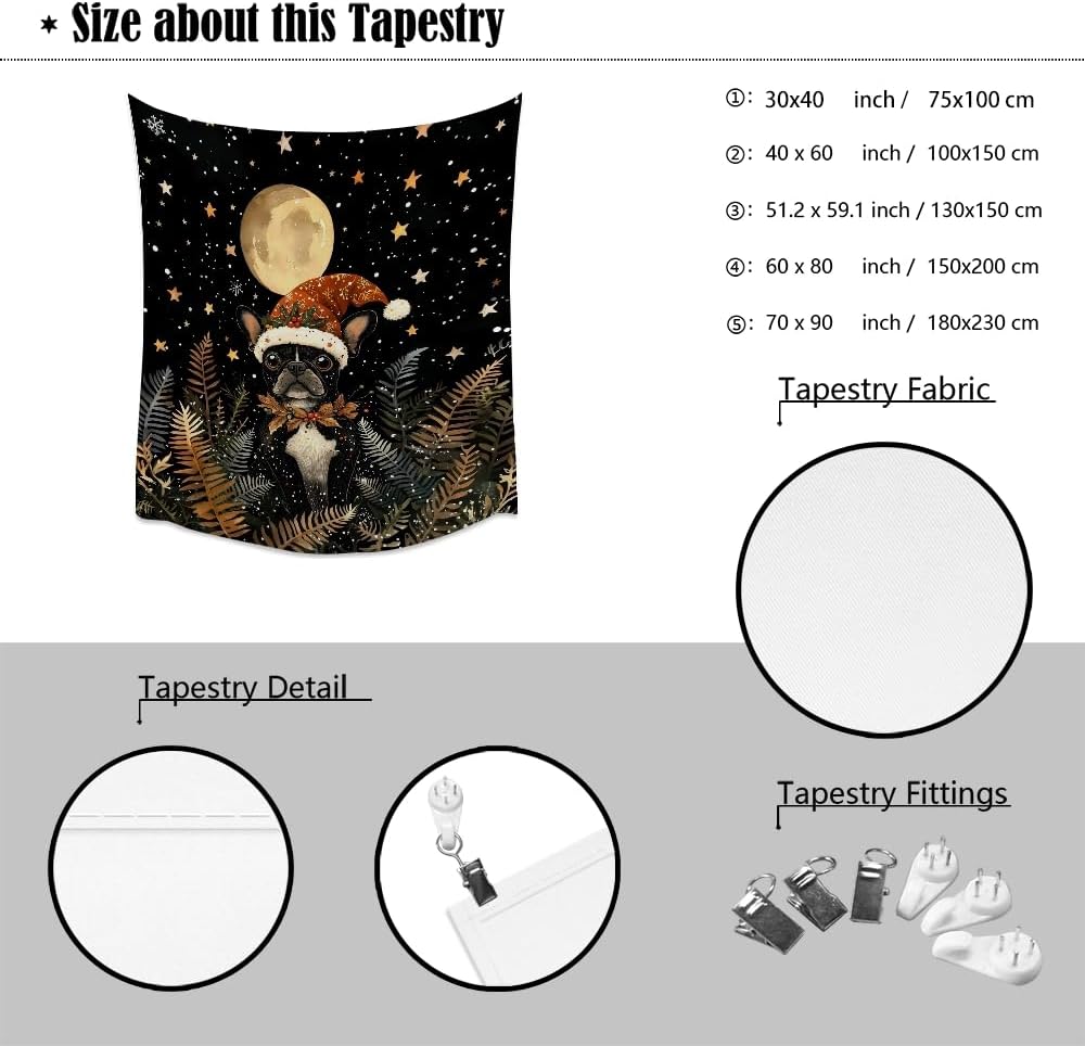 French Bulldog Christmas Tapestry Wall Hanging Cute Dog Santa Hat Moon Pictures Print Pet Lover Gift Funny Christmas Tapestries Aesthetic for Winter Home Nursery Kids Bedroom Decor 40x60inch