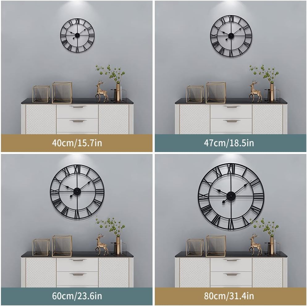 Large Modern Metal Wall Clocks Rustic Round Nearly Silent Little Ticking Battery Operated Roman Numerals Clock for Living Room/Bedroom/Kitchen Wall Decor-(Black, 47cm)