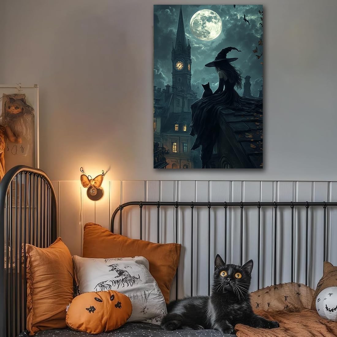 Halloween Witch Black Cat Wall Art,Magical Moon Witch on Roof with Black Cat at Night Scene Painting Haunting Dark Witches Canvas Print for Haunted House Party Decor Poster,16"x24" Framed