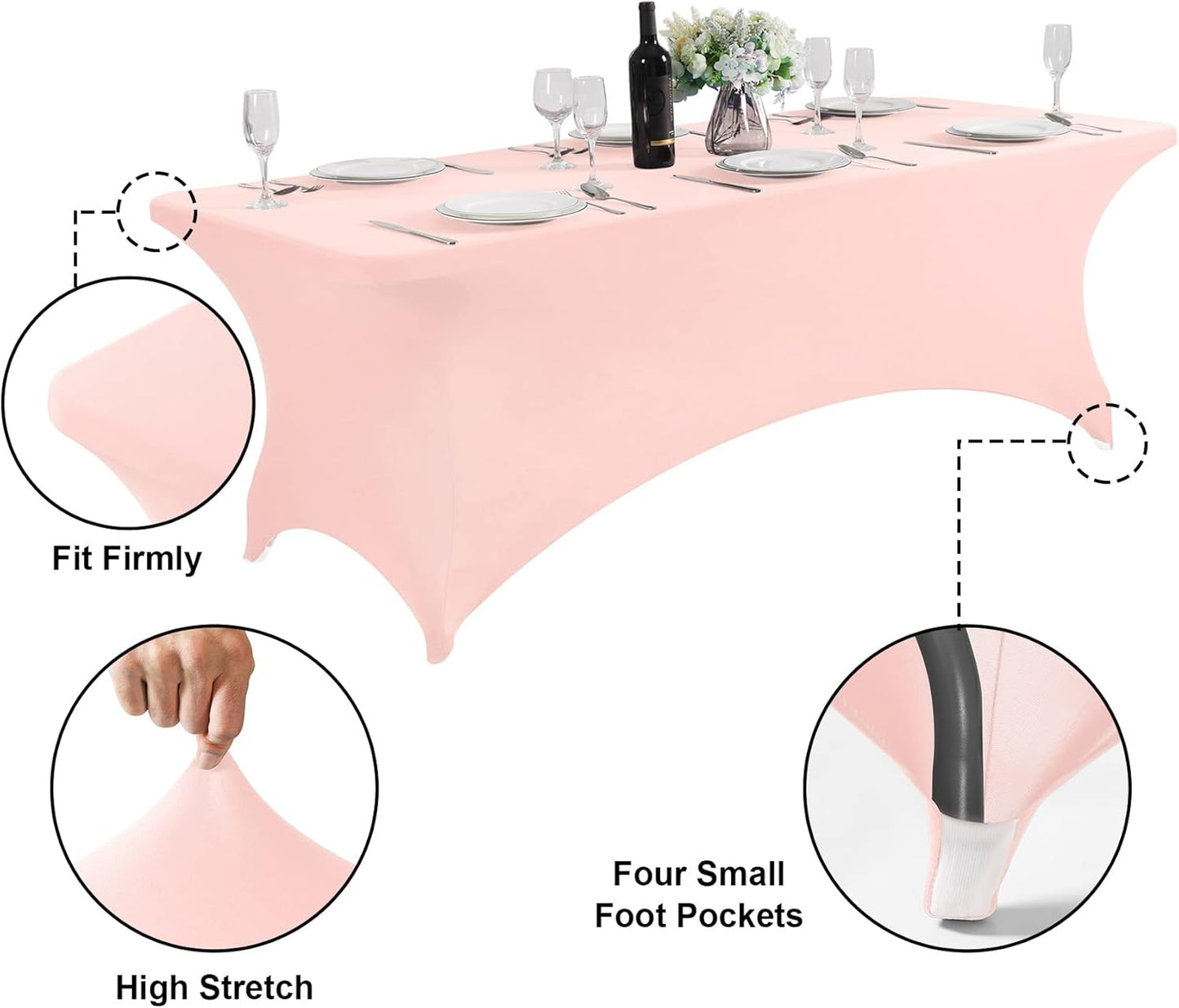 SuperO 2Pack Waterproof Spandex Table Cover for 8FT Table Universal Fitted Stretch Tablecloth for Party, Banquet, Wedding and Events-Blush Pink