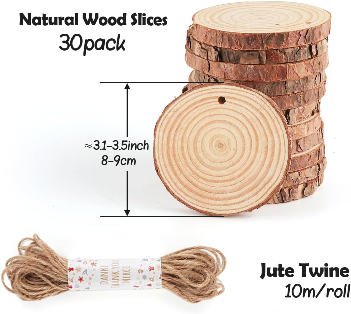 30 Pcs Wooden Discs for Crafts，3.1''-3.5'' Wood Circles for Crafts, Wood Slices for Painting DIY Christmas Ornaments Party Wall Home Wedding Decor