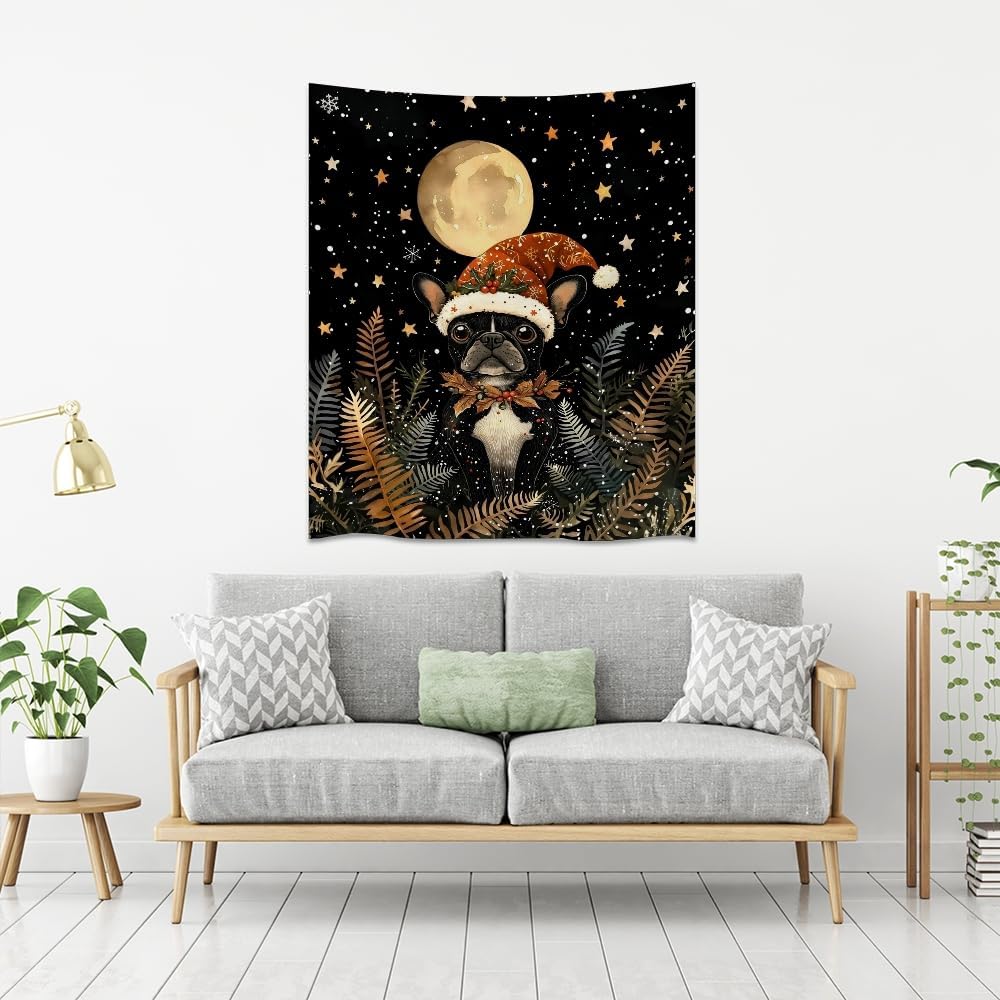 French Bulldog Christmas Tapestry Wall Hanging Cute Dog Santa Hat Moon Pictures Print Pet Lover Gift Funny Christmas Tapestries Aesthetic for Winter Home Nursery Kids Bedroom Decor 70x90inch