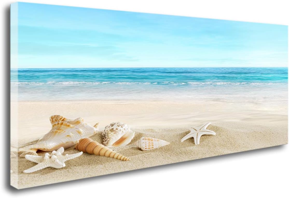 DZL Art S73962 Beach Picture Decor Ocean Painting Canvas Wall Art Prints of Starfish and Seashell on Sandy Seaside Ready to Hang for Living Room Bedroom Office Wall Decor Home Decoration