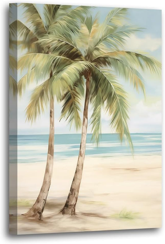 LURENCZH Tropical Beach Canvas Wall Art Seaside Palm Tree Picture Wall Decor Ocean Scenery Painting Prints for Bathroom Decor Framed(Beach-2,12.00" x 18.00")