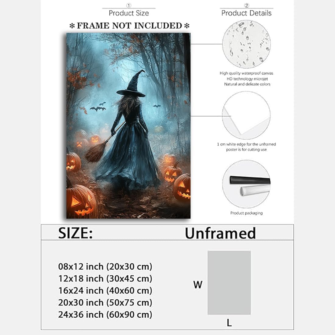 Vintage Moody Halloween Witch Artwork Wall Decor,Spooky Halloween Gothic Canvas Artwork Creepy Horror Witch with A Broom Pumpkin Bats Rustic Forest Picture,Dark Academia Poster,20"x30" Unframed