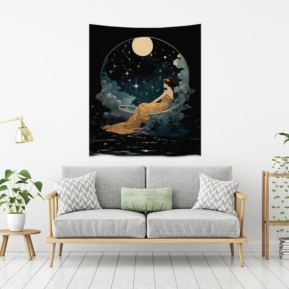Dark Academia Tapestry Celestial Moonlit Bathing Lady Print Trendy Aesthetic Gothic Wall Hanging Vintage Art Nouveau Tapestries Wall Decor for Bedroom Living Room Dorm 50x60inch