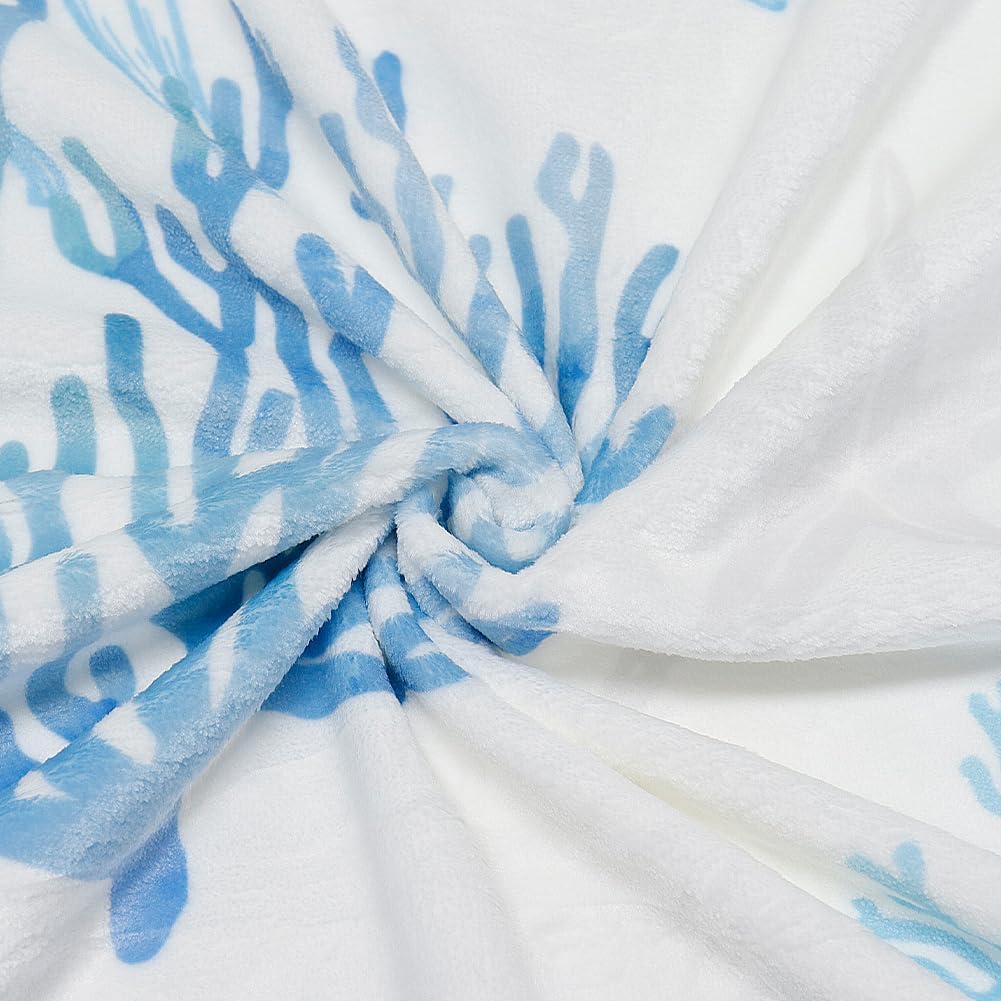 Blue Ocean Beach Throw Blanket Nautical Coastal Bed Blanket Starfish Seashell Coral Blankets Super Soft Flannel Fleece Throw Blanket for Couch Bed Decor “50 x60”