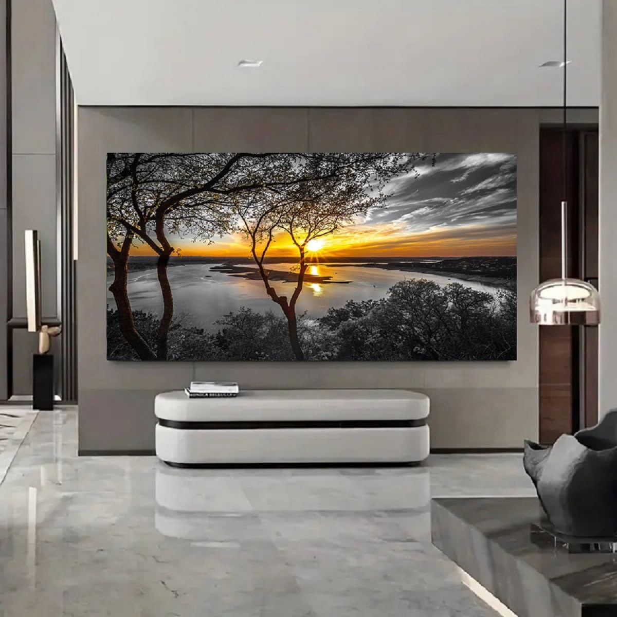 Bamdeya Large Wall Art Living Room Black and White Landscape Tree Canvas Wall Art Lake Print Art Forest Gold Sunset Poster Picture Natural Scenery Painting Bedroom Wall Decor Home Office Decorations