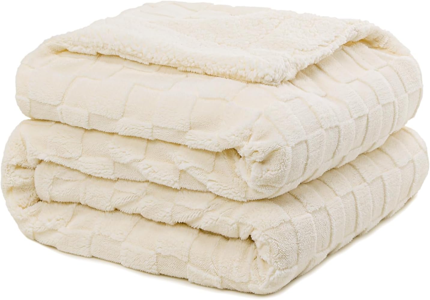 Pawque Super Soft Cozy Throw Blanket for Couch Bed - Fluffy Sherpa Fleece Reversible Thick Warm Fuzzy Blanket for All-Season, 3D Checkered Jacquard Elegant Decorative Blankets, Cream White, 50" x 60"